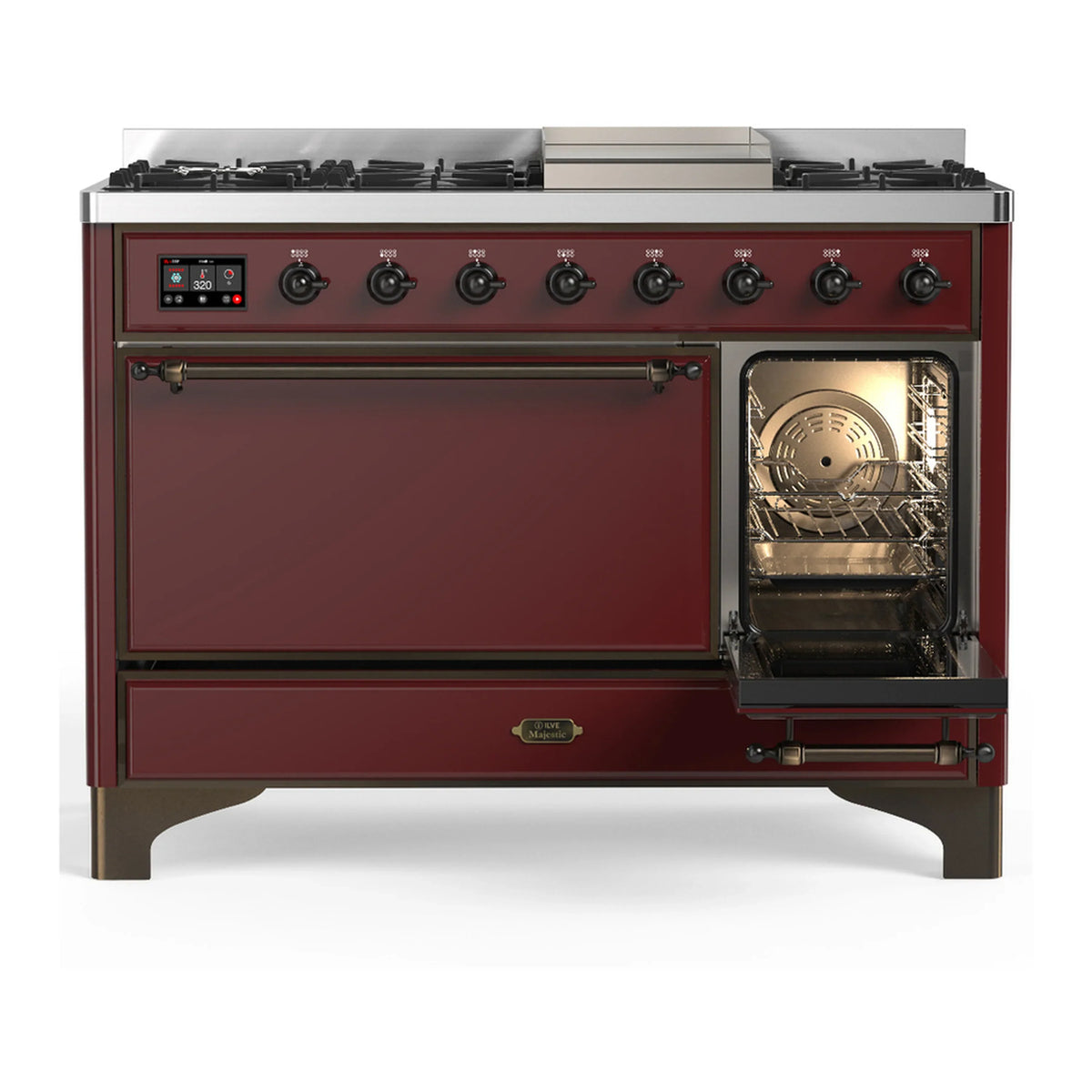 ILVE Majestic III 48-inch Dual Fuel Range with 5 Liquid Propane Burner, Griddle and Solid Door Electric Oven in Burgundy with Burnished Trim (UM48FQNR3BUBLP)