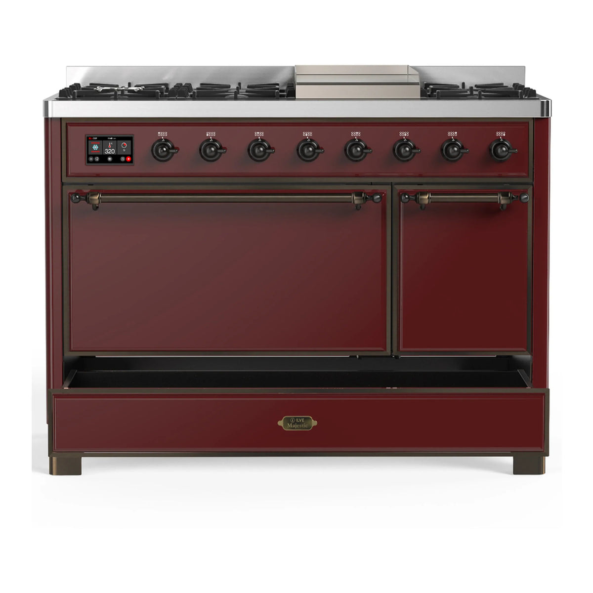 ILVE Majestic III 48-inch Dual Fuel Range with 5 Liquid Propane Burner, Griddle and Solid Door Electric Oven in Burgundy with Burnished Trim (UM48FQNR3BUBLP)