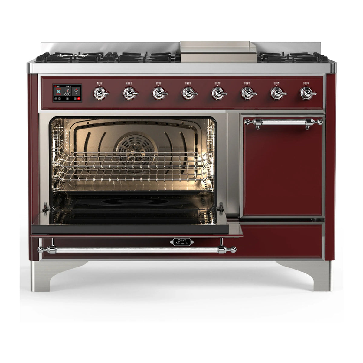 ILVE Majestic III 48-inch Dual Fuel Range with 5 Natural Gas Burner, Griddle and Solid Door Electric Oven in Burgundy with Chrome Trim (UM48FQNR3BUC)
