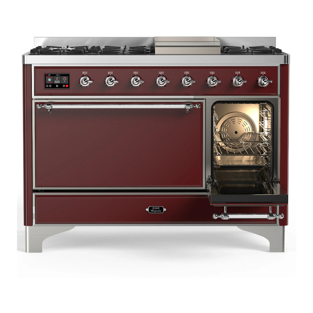 ILVE Majestic III 48-inch Dual Fuel Range with 5 Natural Gas Burner, Griddle and Solid Door Electric Oven in Burgundy with Chrome Trim (UM48FQNR3BUC)