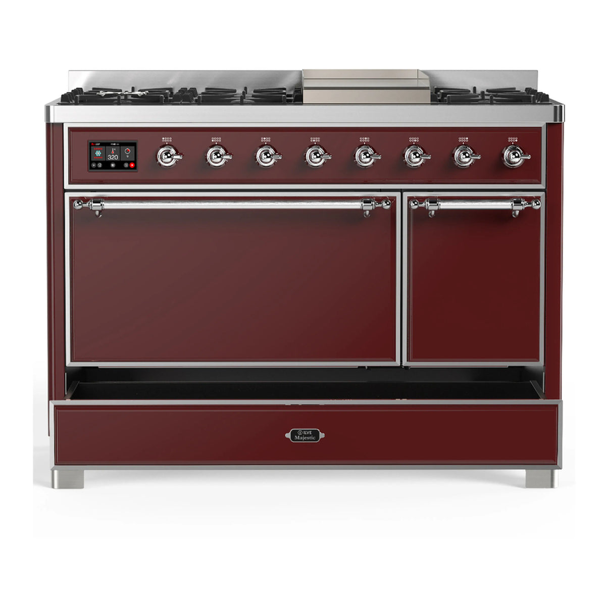ILVE Majestic III 48-inch Dual Fuel Range with 5 Natural Gas Burner, Griddle and Solid Door Electric Oven in Burgundy with Chrome Trim (UM48FQNR3BUC)