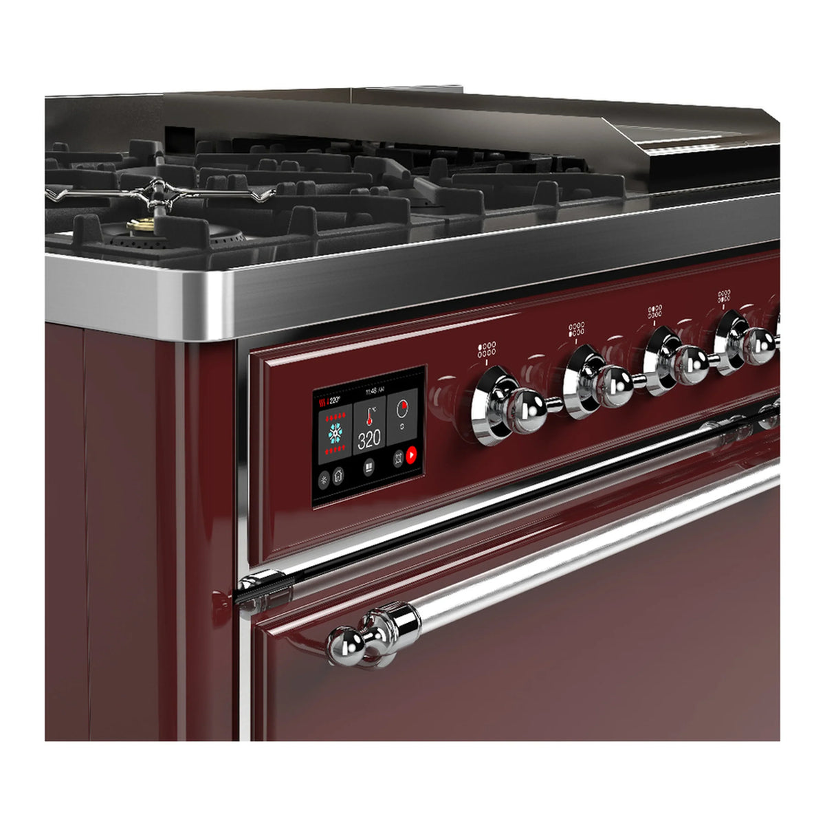 ILVE Majestic III 48-inch Dual Fuel Range with 5 Natural Gas Burner, Griddle and Solid Door Electric Oven in Burgundy with Chrome Trim (UM48FQNR3BUC)