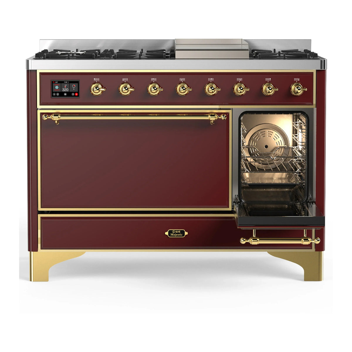 ILVE Majestic III 48-inch Dual Fuel Range with 5 Liquid Propane Burner, Griddle and Solid Door Electric Oven in Burgundy with Brass Trim (UM48FQNR3BUGLP)