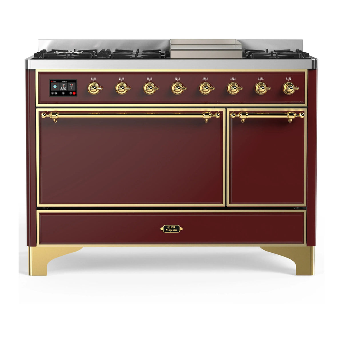 ILVE Majestic III 48-inch Dual Fuel Range with 5 Liquid Propane Burner, Griddle and Solid Door Electric Oven in Burgundy with Brass Trim (UM48FQNR3BUGLP)