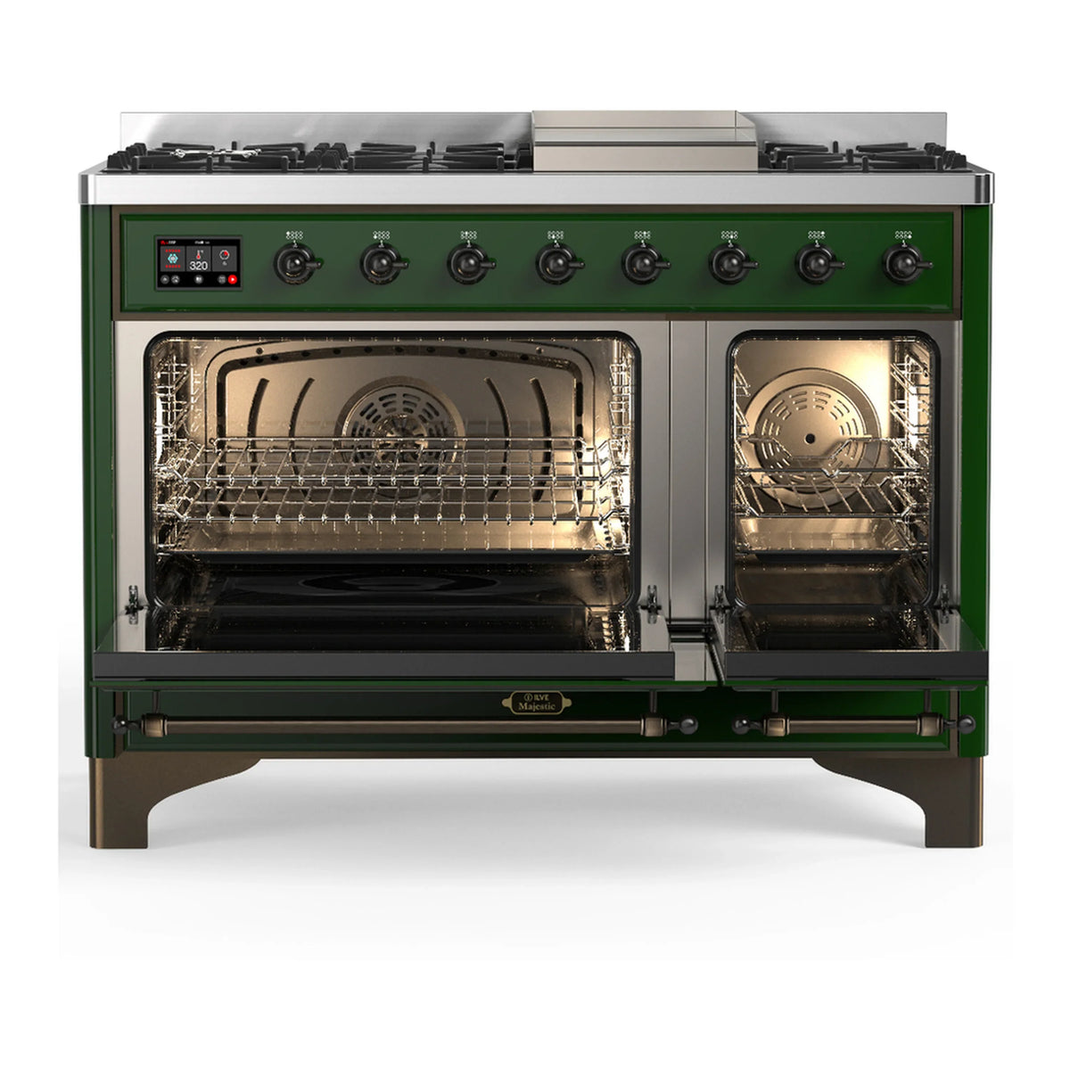 ILVE Majestic III 48-inch Dual Fuel Range with 5 Natural Gas Burner, Griddle and Solid Door Electric Oven in Emerald Green with Burnished Trim (UM48FQNR3EGB)
