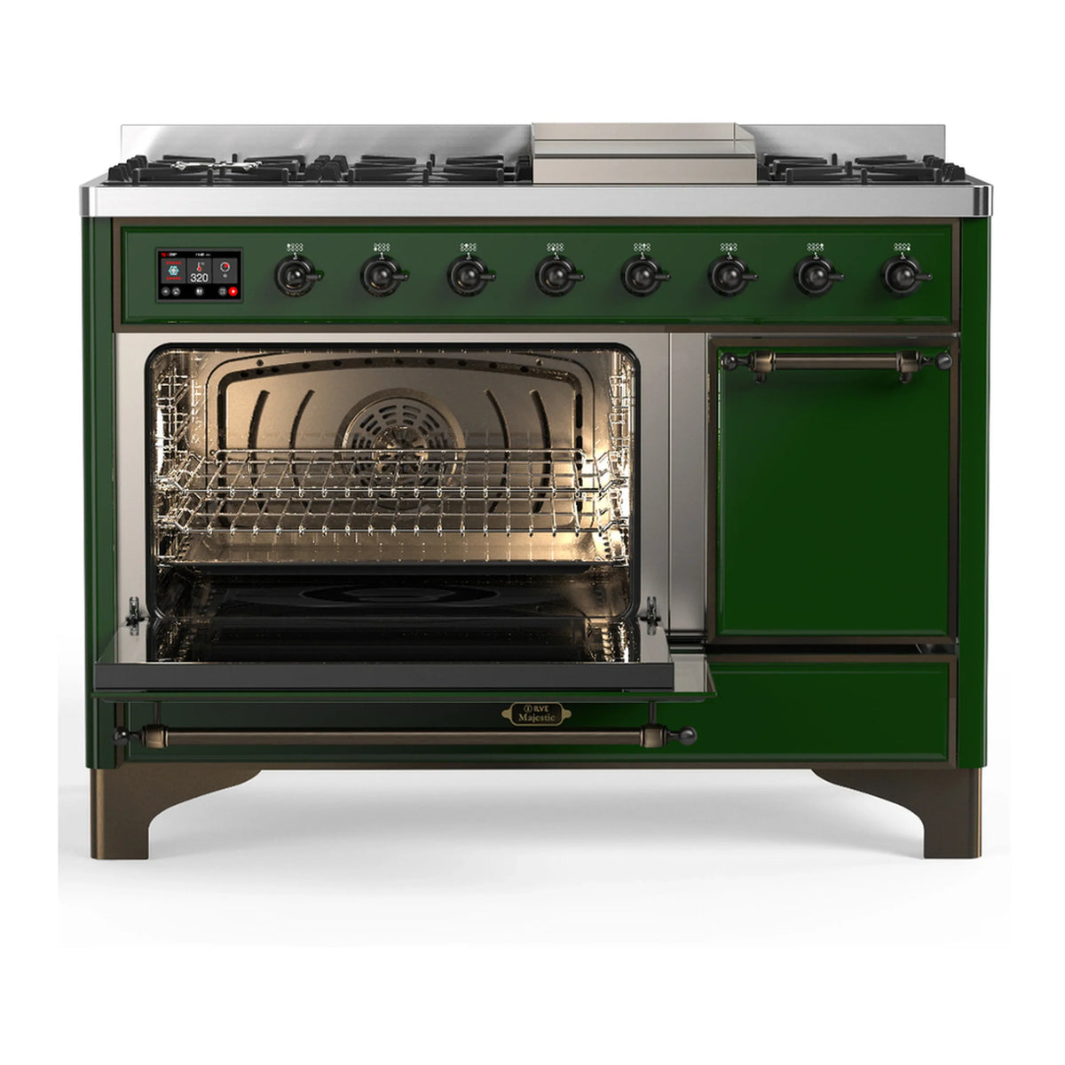 ILVE Majestic III 48-inch Dual Fuel Range with 5 Liquid Propane Burner, Griddle and Solid Door Electric Oven in Emerald Green with Burnished Trim (UM48FQNR3EGBLP)