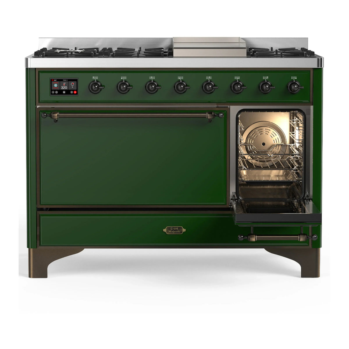 ILVE Majestic III 48-inch Dual Fuel Range with 5 Natural Gas Burner, Griddle and Solid Door Electric Oven in Emerald Green with Burnished Trim (UM48FQNR3EGB)