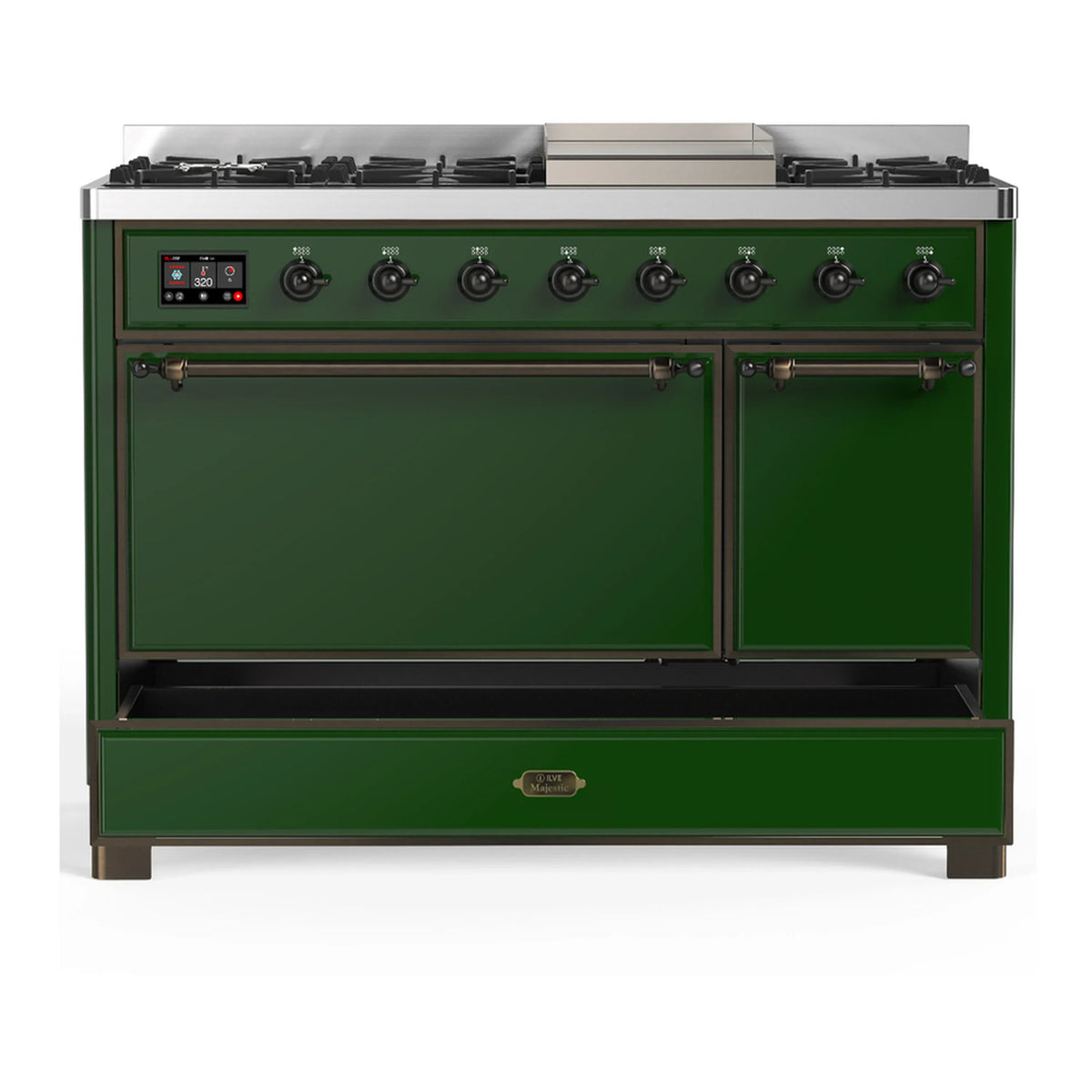 ILVE Majestic III 48-inch Dual Fuel Range with 5 Liquid Propane Burner, Griddle and Solid Door Electric Oven in Emerald Green with Burnished Trim (UM48FQNR3EGBLP)