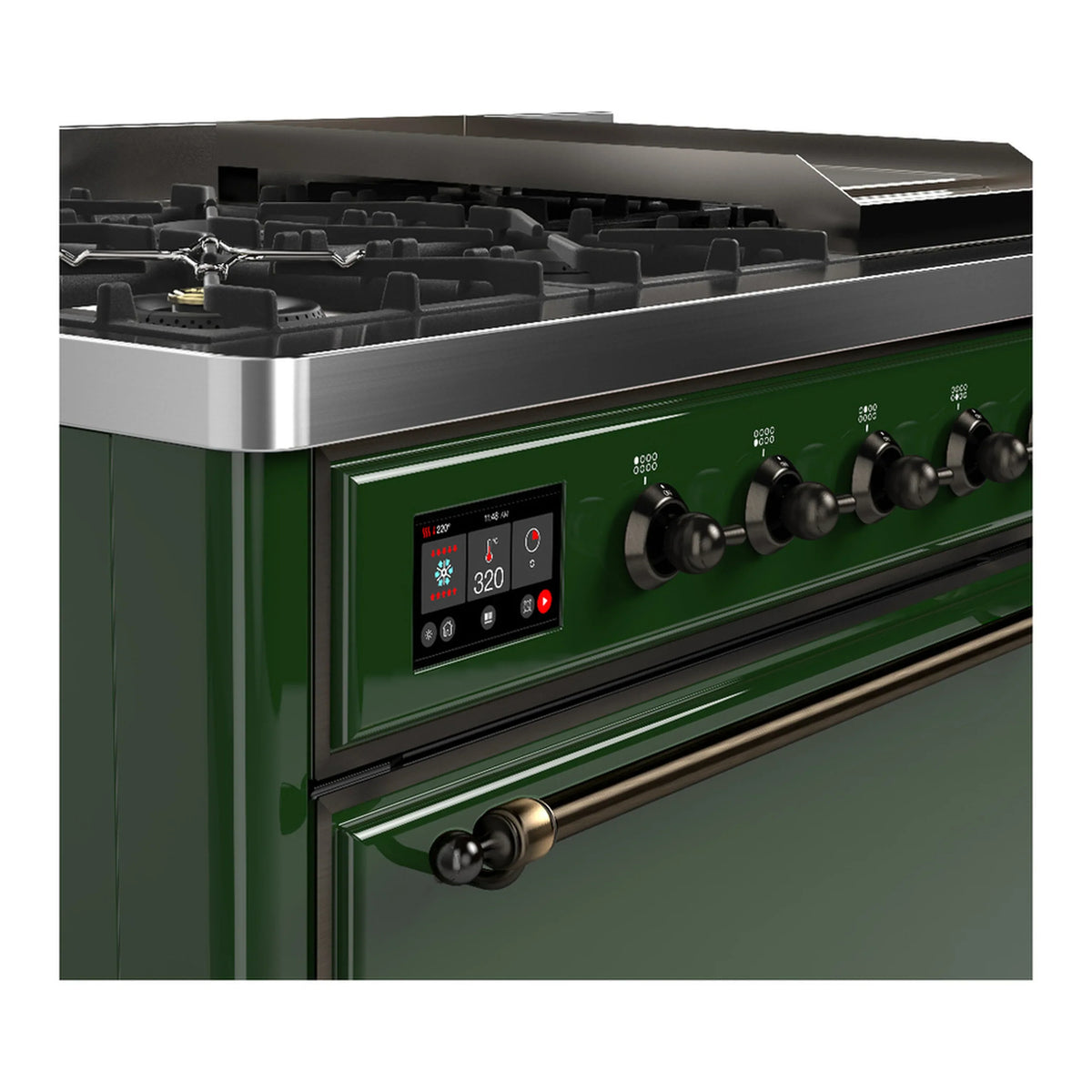 ILVE Majestic III 48-inch Dual Fuel Range with 5 Liquid Propane Burner, Griddle and Solid Door Electric Oven in Emerald Green with Burnished Trim (UM48FQNR3EGBLP)