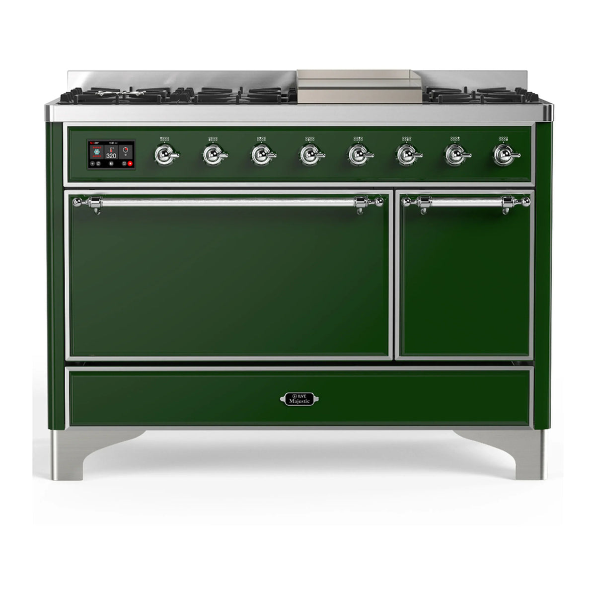ILVE Majestic III 48-inch Dual Fuel Range with 5 Natural Gas Burner, Griddle and Solid Door Electric Oven in Emerald Green with Chrome Trim (UM48FQNR3EGC)
