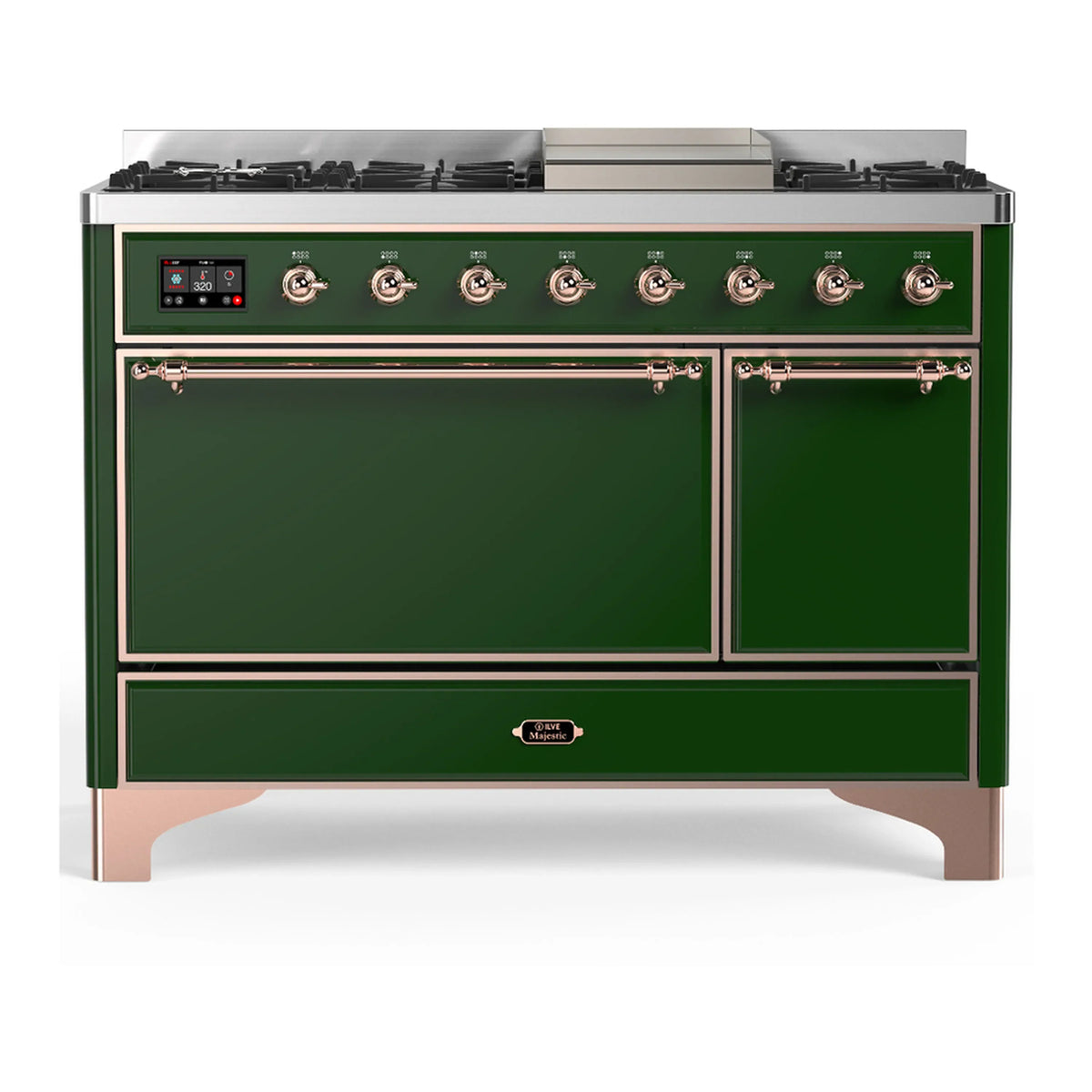ILVE Majestic III 48-inch Dual Fuel Range with 5 Natural Gas Burner, Griddle and Solid Door Electric Oven in Emerald Green with Copper Trim (UM48FQNR3EGP)