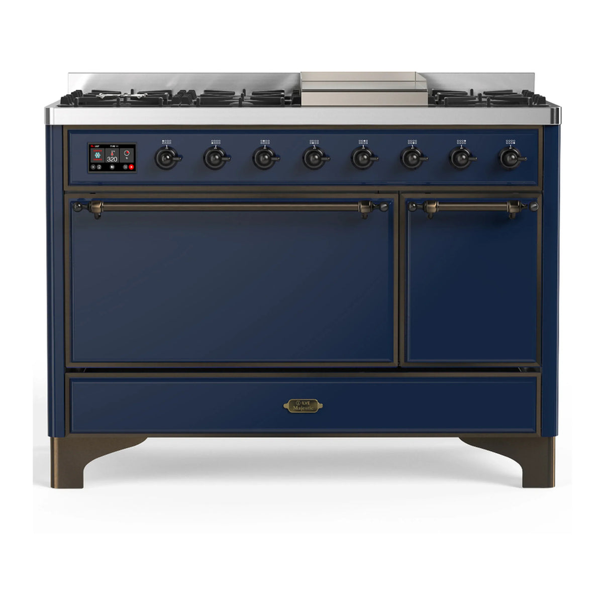 ILVE Majestic III 48-Inch LP Dual Fuel Range, 5 Burners, Griddle, Solid Door Oven, Midnight Blue with Burnished Trim (UM48FQNR3MBBLP)