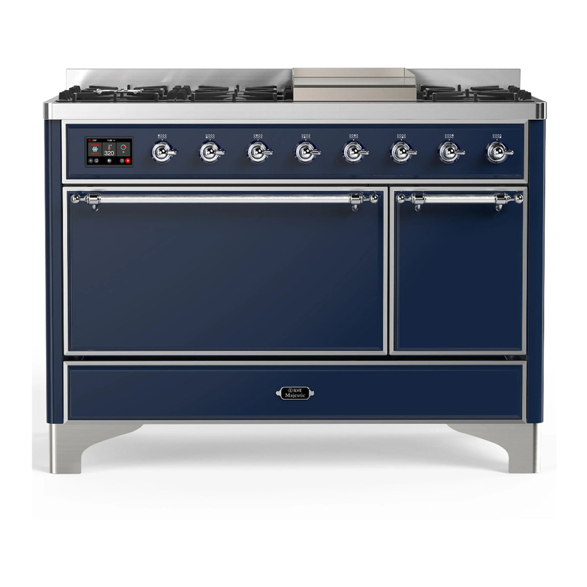 ILVE Majestic III 48-inch Dual Fuel Range with 5 Liquid Propane Burner, Griddle and Solid Door Electric Oven in Midnight Blue with Chrome Trim (UM48FQNR3MBCLP)