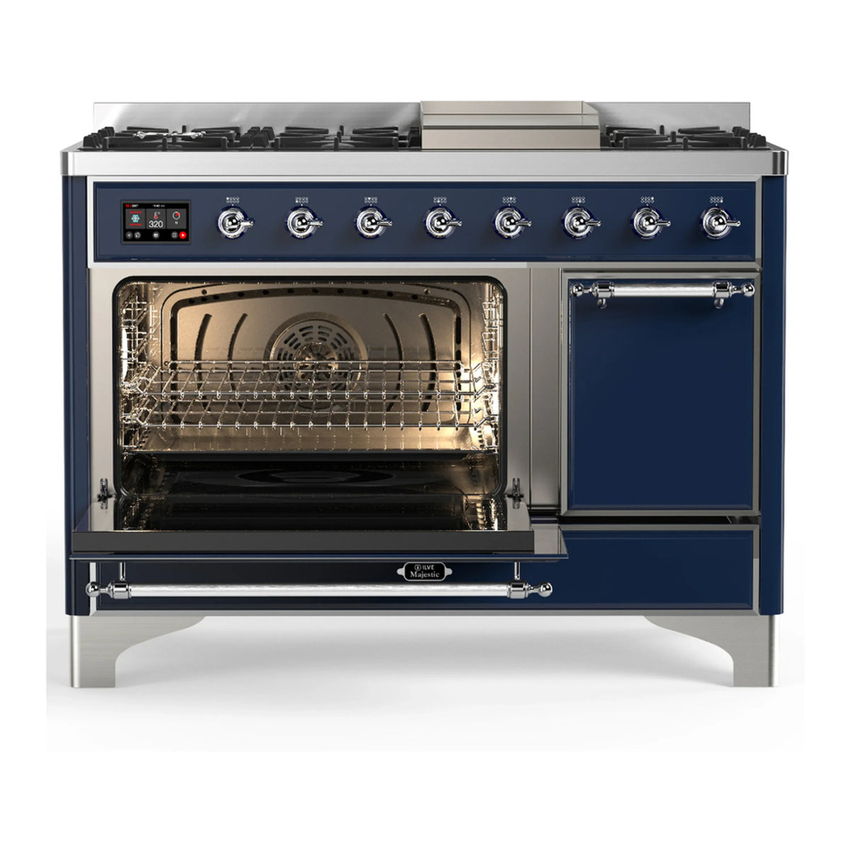 ILVE Majestic III 48-inch Dual Fuel Range with 5 Natural Gas Burner, Griddle and Solid Door Electric Oven in Midnight Blue with Chrome Trim (UM48FQNR3MBC)