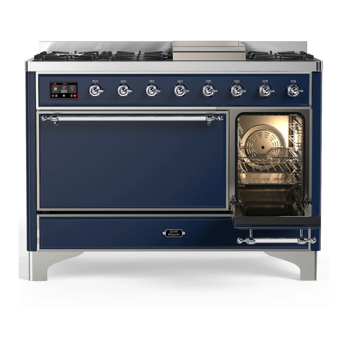 ILVE Majestic III 48-inch Dual Fuel Range with 5 Natural Gas Burner, Griddle and Solid Door Electric Oven in Midnight Blue with Chrome Trim (UM48FQNR3MBC)