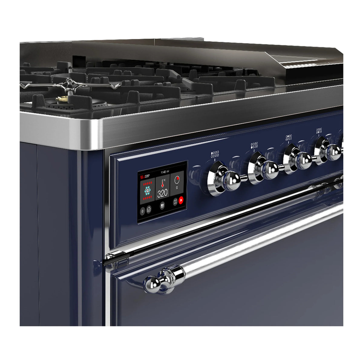 ILVE Majestic III 48-inch Dual Fuel Range with 5 Liquid Propane Burner, Griddle and Solid Door Electric Oven in Midnight Blue with Chrome Trim (UM48FQNR3MBCLP)