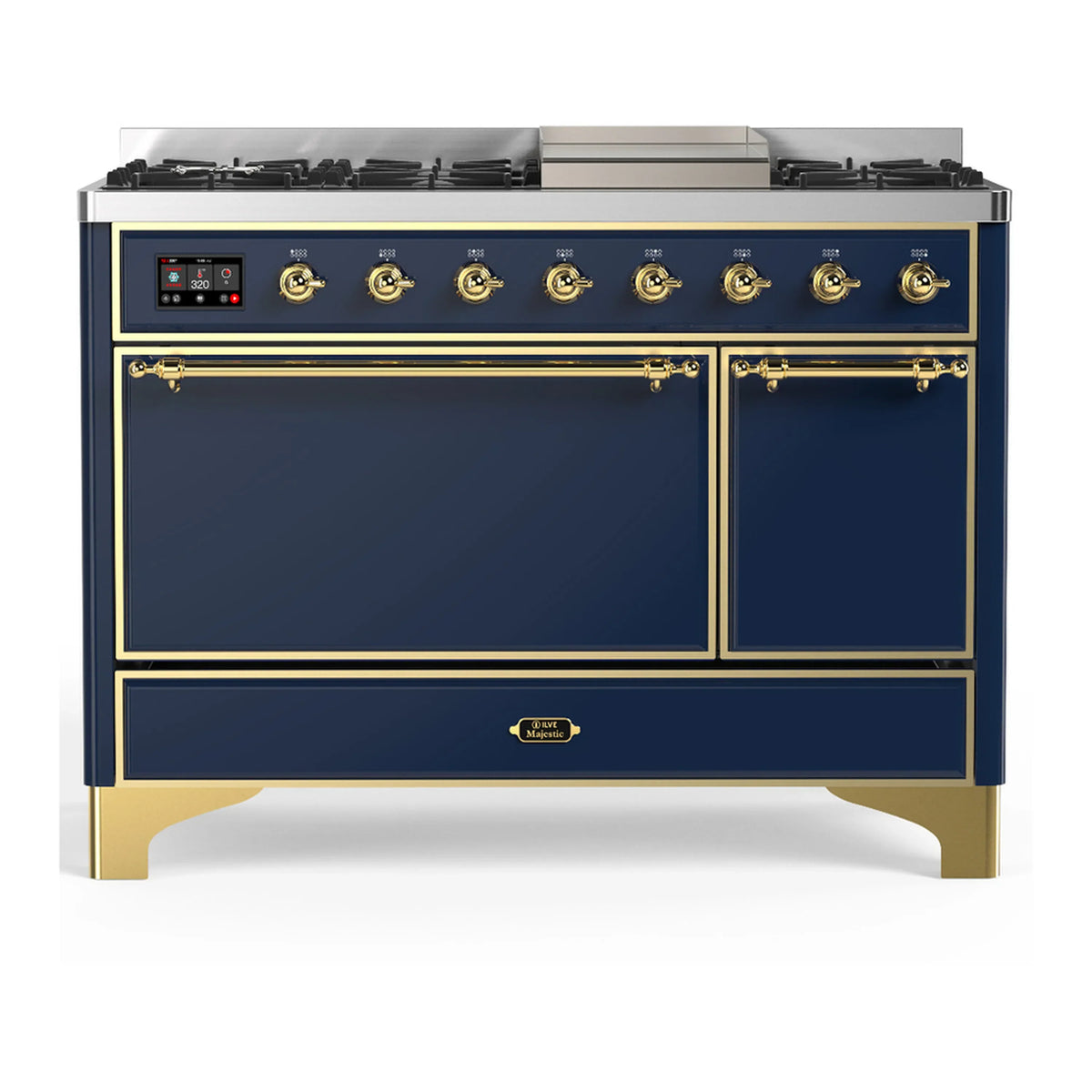 ILVE Majestic III 48-Inch LP Dual Fuel Range, 5 Burners, Griddle, Solid Door Oven, Midnight Blue with Brass Trim (UM48FQNR3MBGLP)
