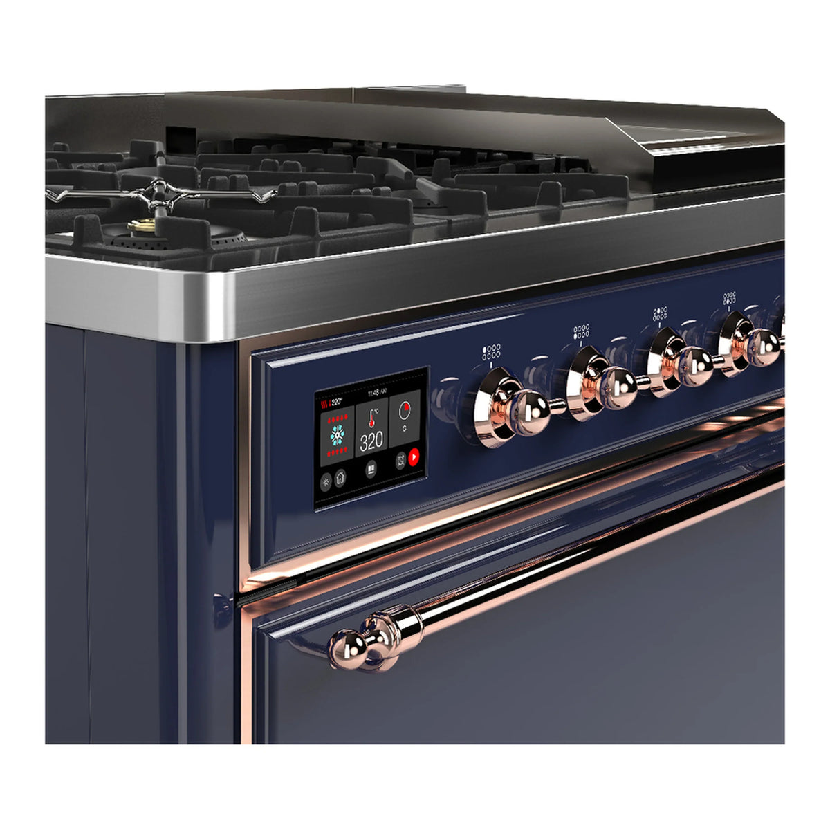 ILVE Majestic III 48-inch Dual Fuel Range with 5 Liquid Propane Burner, Griddle and Solid Door Electric Oven in Midnight Blue with Copper Trim (UM48FQNR3MBPLP)