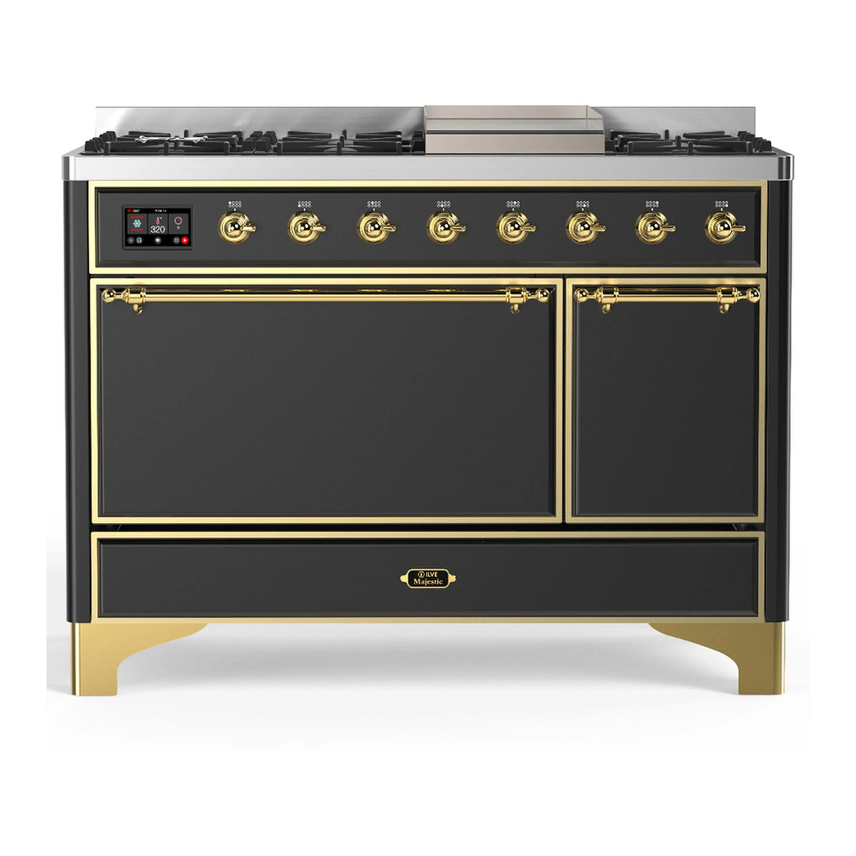 ILVE Majestic III 48-inch Dual Fuel Range with 5 Liquid Propane Burner, Griddle and Solid Door Electric Oven in Graphite Matte with Brass Trim (UM48FQNR3MGGLP)