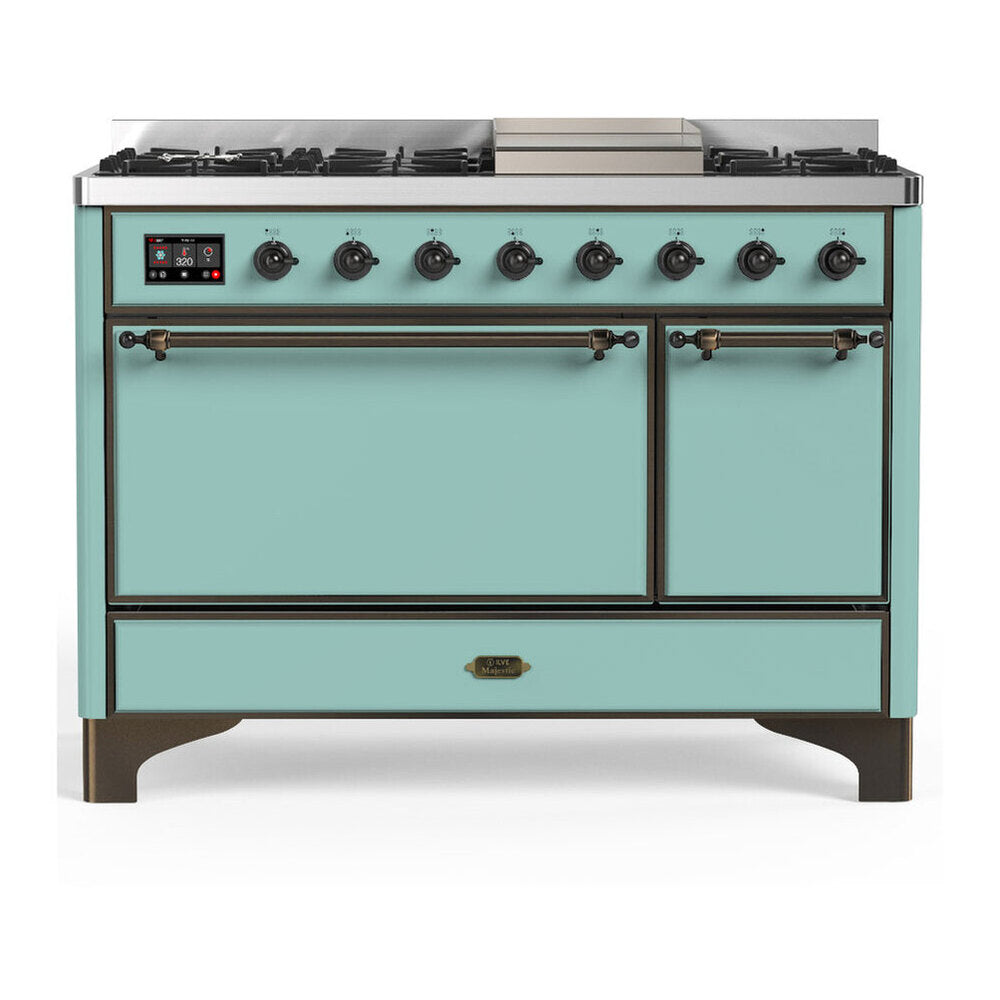 ILVE Majestic III 48-Inch LP Dual Fuel Range, 5 Burners, Griddle, Solid Door Oven, Mediterranean Mint with Burnished Trim (UM48FQNR3MMBLP)