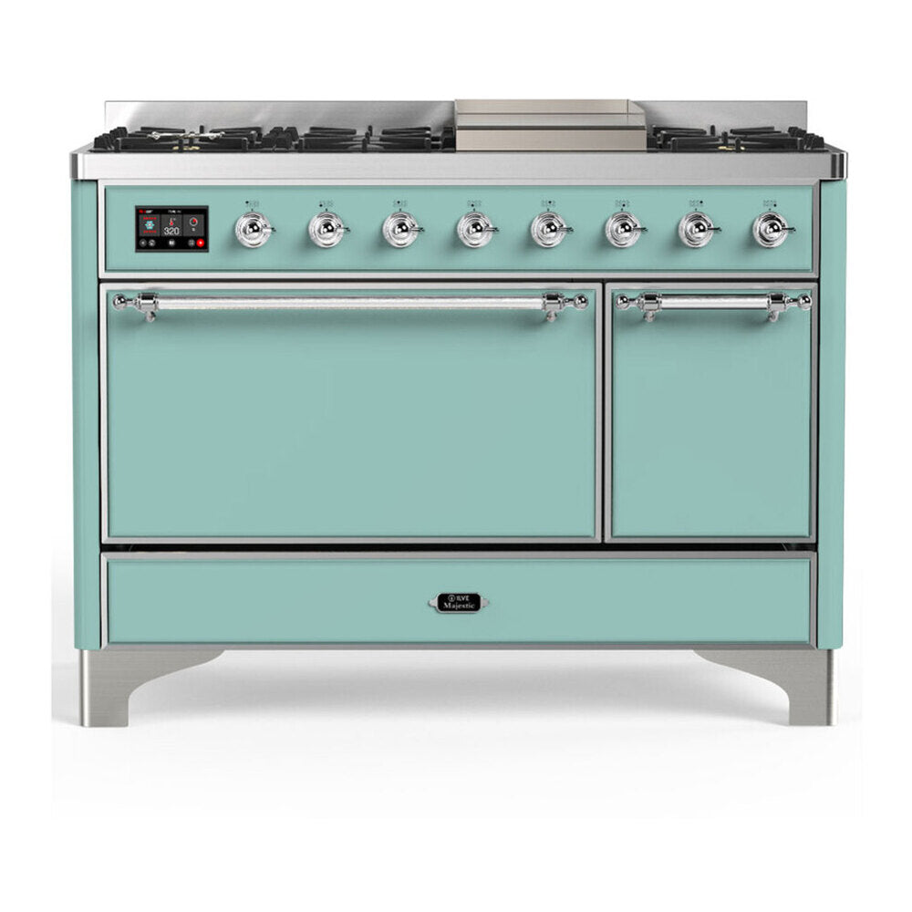 ILVE Majestic III 48-Inch LP Dual Fuel Range, 5 Burners, Griddle, Solid Door Oven, Mediterranean Mint with Chrome Trim (UM48FQNR3MMCLP)