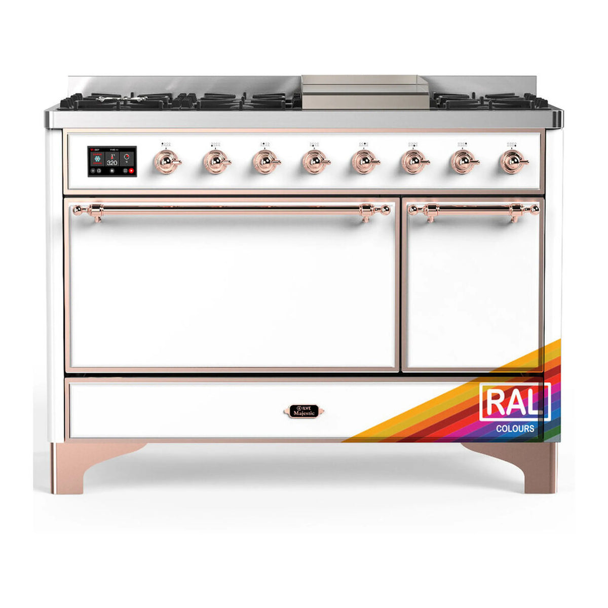 ILVE Majestic III 48-inch Dual Fuel Range with 5 Liquid Propane Burner, Griddle and Solid Door Electric Oven in RAL with Copper Trim (UM48FQNR3RAPLP)