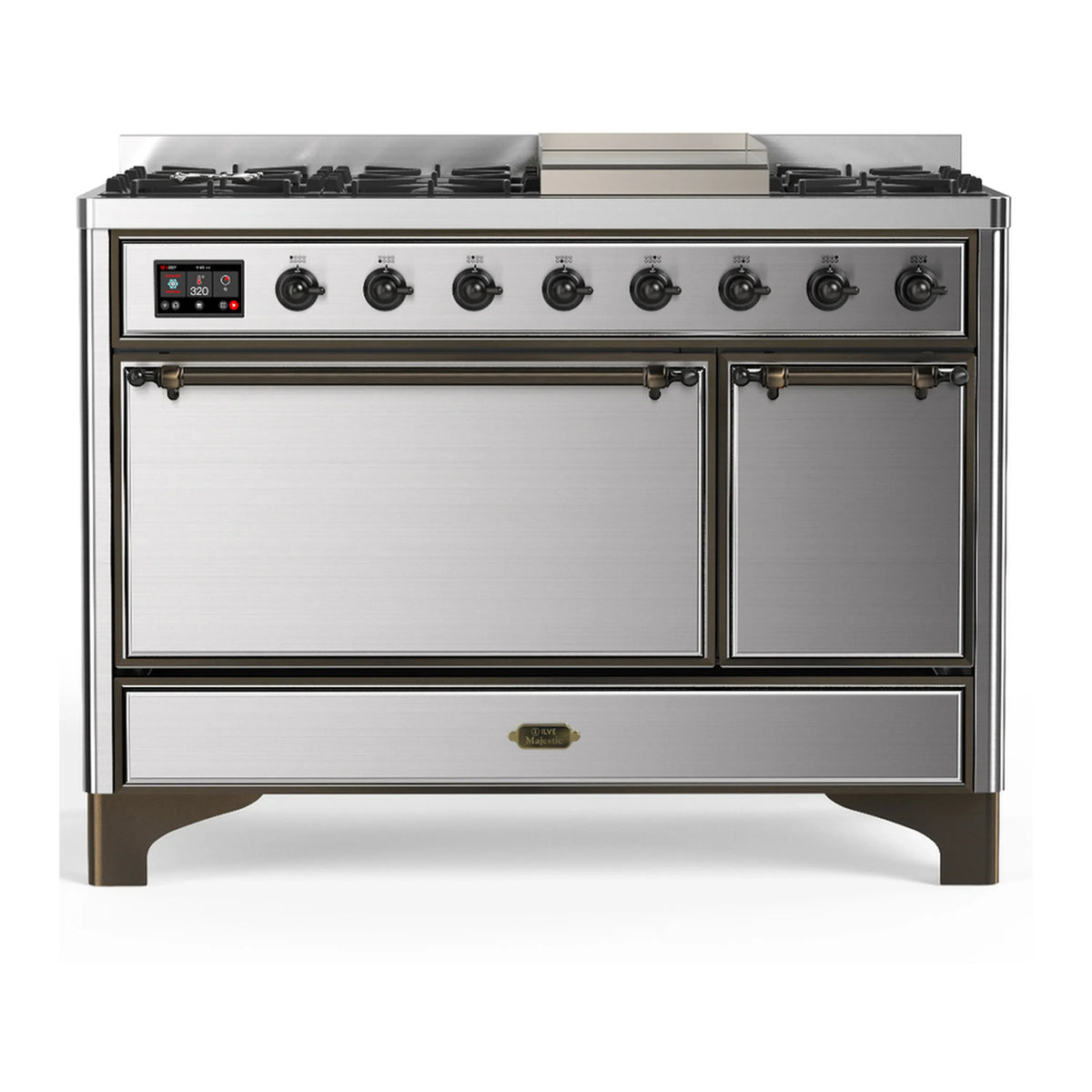 ILVE Majestic III 48-inch Dual Fuel Range with 5 Liquid Propane Burner, Griddle and Solid Door Electric Oven in Stainless Steel with Burnished Trim (UM48FQNR3SSBLP)