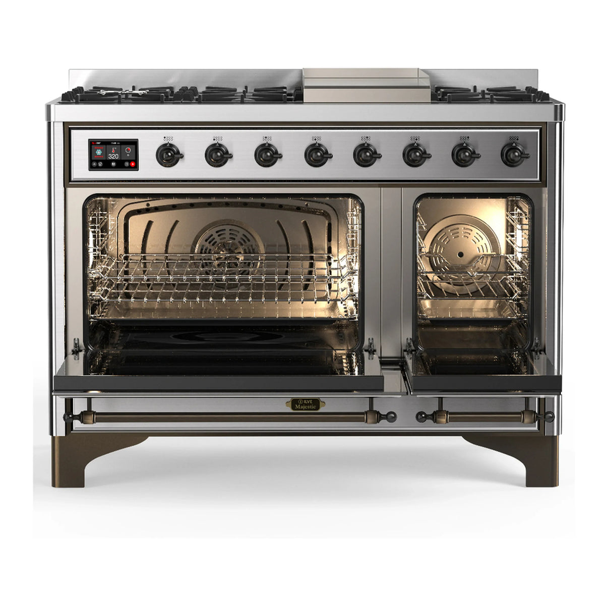 ILVE Majestic III 48-inch Dual Fuel Range with 5 Liquid Propane Burner, Griddle and Solid Door Electric Oven in Stainless Steel with Burnished Trim (UM48FQNR3SSBLP)