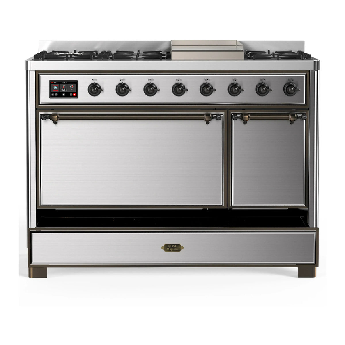 ILVE Majestic III 48-inch Dual Fuel Range with 5 Liquid Propane Burner, Griddle and Solid Door Electric Oven in Stainless Steel with Burnished Trim (UM48FQNR3SSBLP)