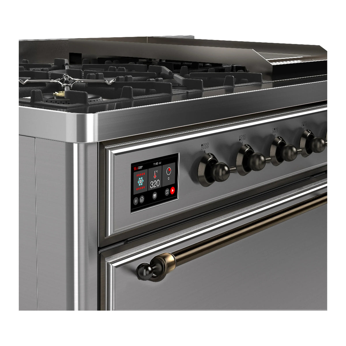 ILVE Majestic III 48-inch Dual Fuel Range with 5 Liquid Propane Burner, Griddle and Solid Door Electric Oven in Stainless Steel with Burnished Trim (UM48FQNR3SSBLP)