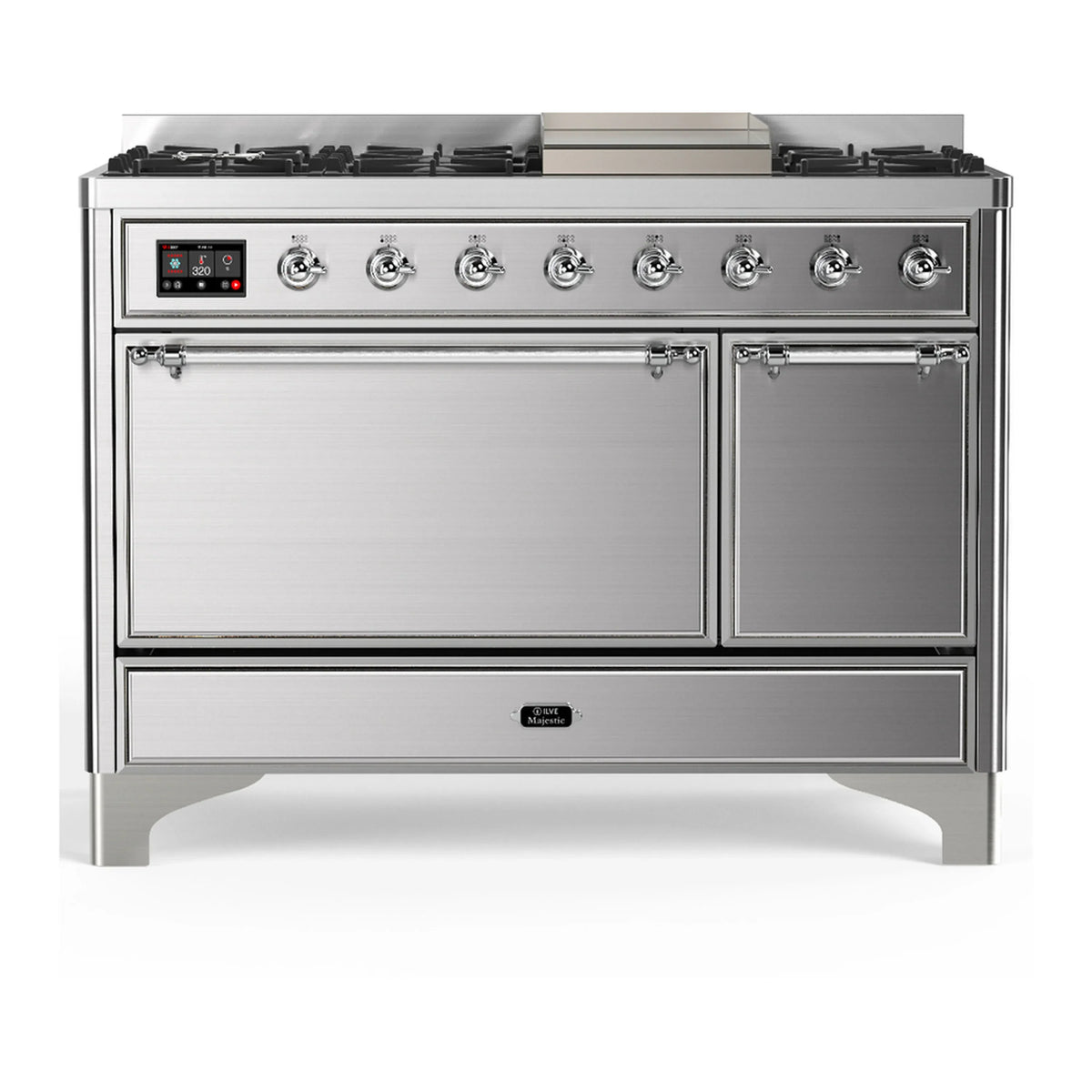ILVE Majestic III 48-inch Dual Fuel Range with 5 Liquid Propane Burner, Griddle and Solid Door Electric Oven in Stainless Steel with Chrome Trim (UM48FQNR3SSCLP)