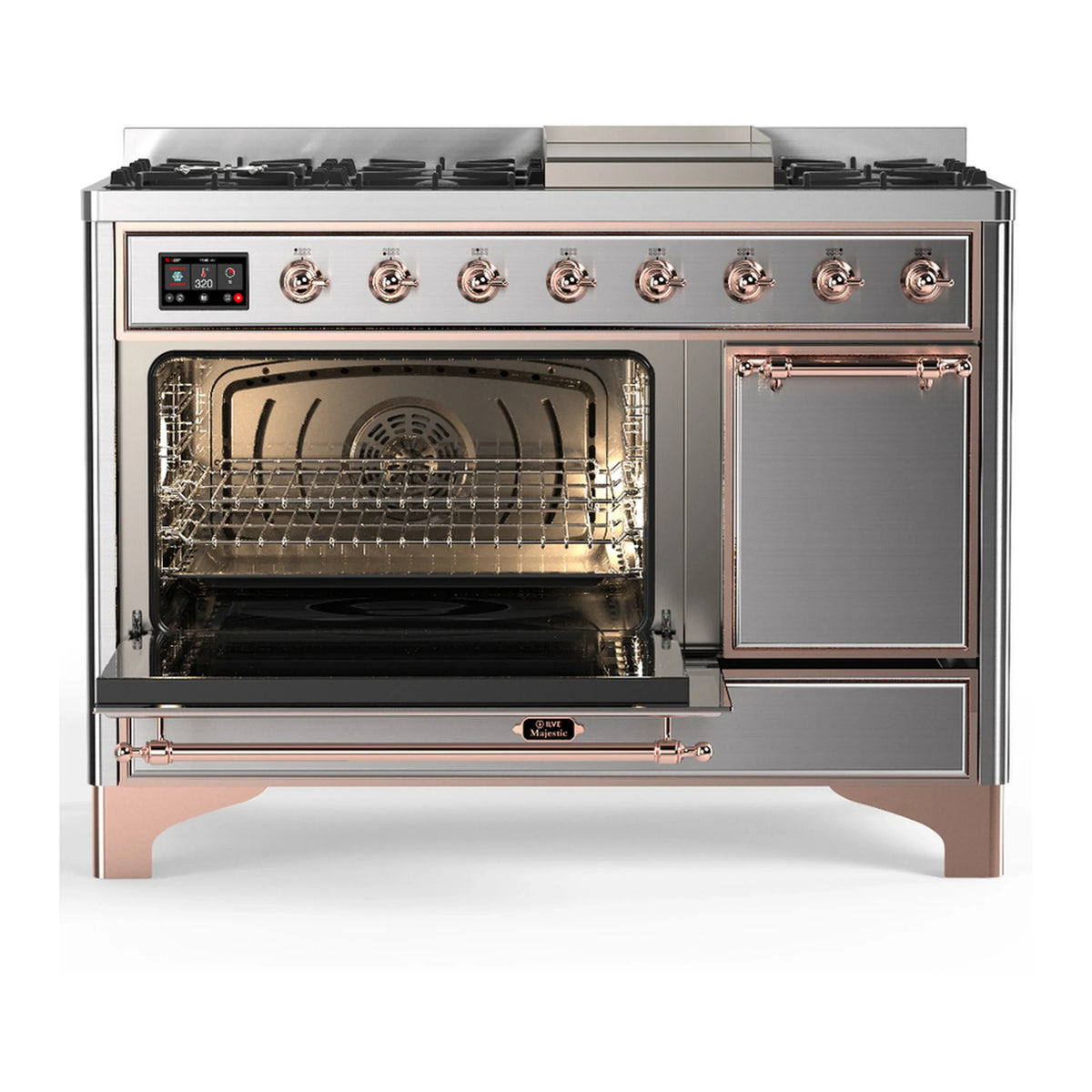 ILVE Majestic III 48-inch Dual Fuel Range with 5 Liquid Propane Burner, Griddle and Solid Door Electric Oven in Stainless Steel with Copper Trim (UM48FQNR3SSPLP)