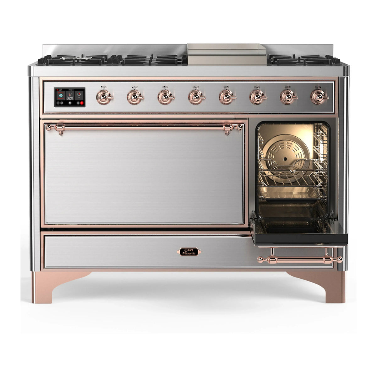 ILVE Majestic III 48-inch Dual Fuel Range with 5 Liquid Propane Burner, Griddle and Solid Door Electric Oven in Stainless Steel with Copper Trim (UM48FQNR3SSPLP)