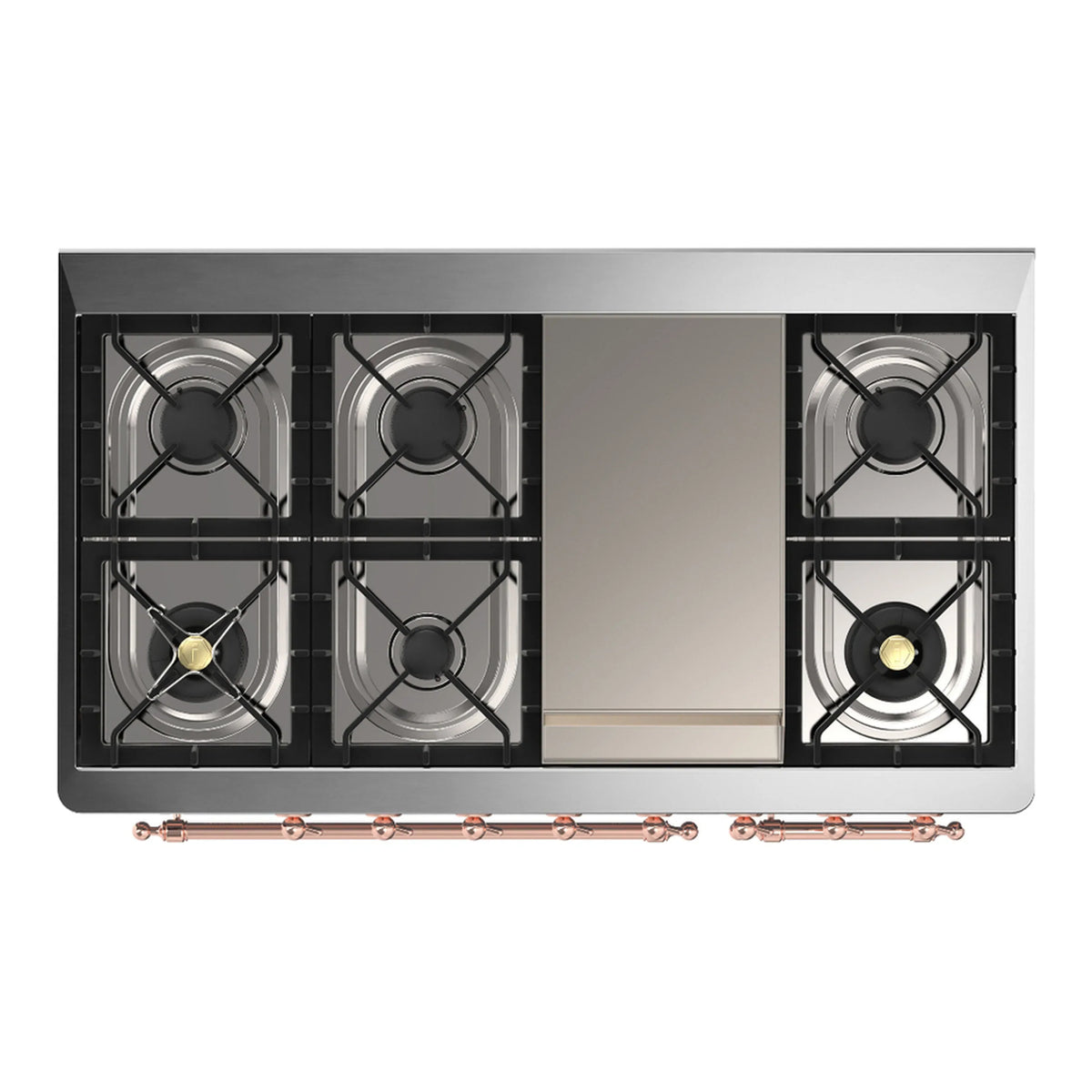ILVE Majestic III 48-inch Dual Fuel Range with 5 Liquid Propane Burner, Griddle and Solid Door Electric Oven in Stainless Steel with Copper Trim (UM48FQNR3SSPLP)
