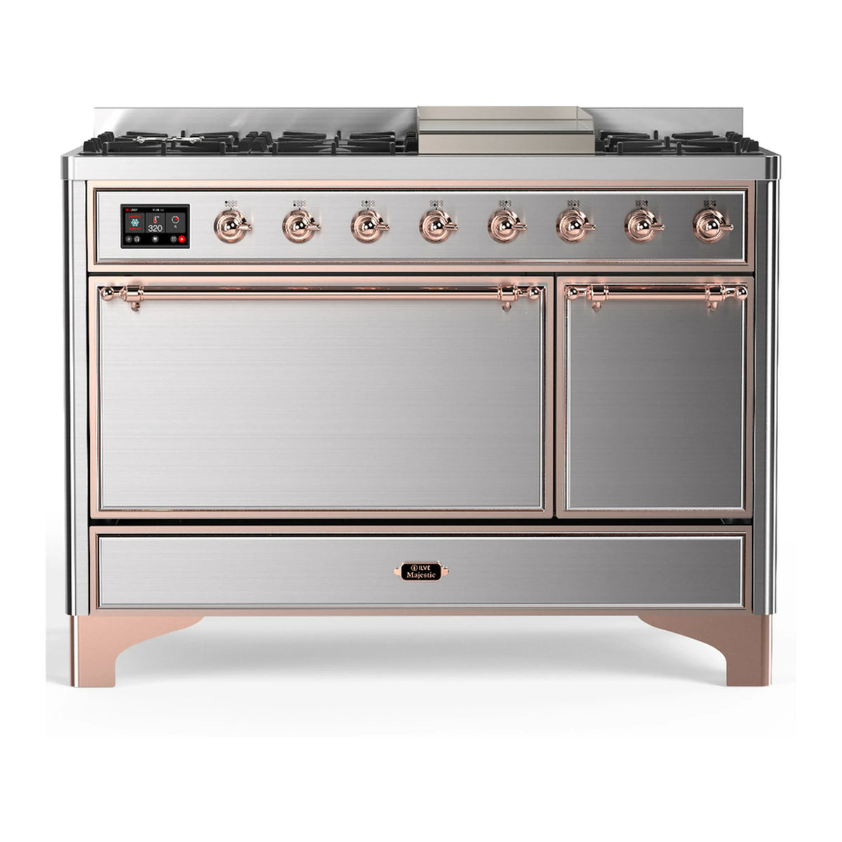 ILVE Majestic III 48-inch Dual Fuel Range with 5 Liquid Propane Burner, Griddle and Solid Door Electric Oven in Stainless Steel with Copper Trim (UM48FQNR3SSPLP)