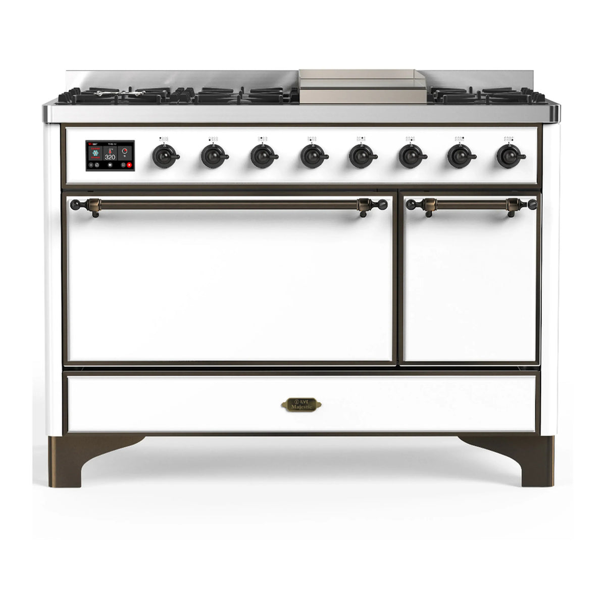 ILVE Majestic III 48-Inch LP Dual Fuel Range, 5 Burners, Griddle, Solid Door Oven, White with Burnished Trim (UM48FQNR3WHBLP)