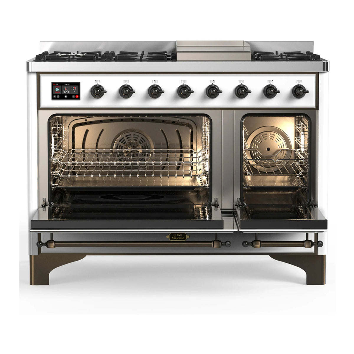 ILVE Majestic III 48-inch Dual Fuel Range with 5 Natural Gas Burner, Griddle and Solid Door Electric Oven in White with Burnished Trim (UM48FQNR3WHB)