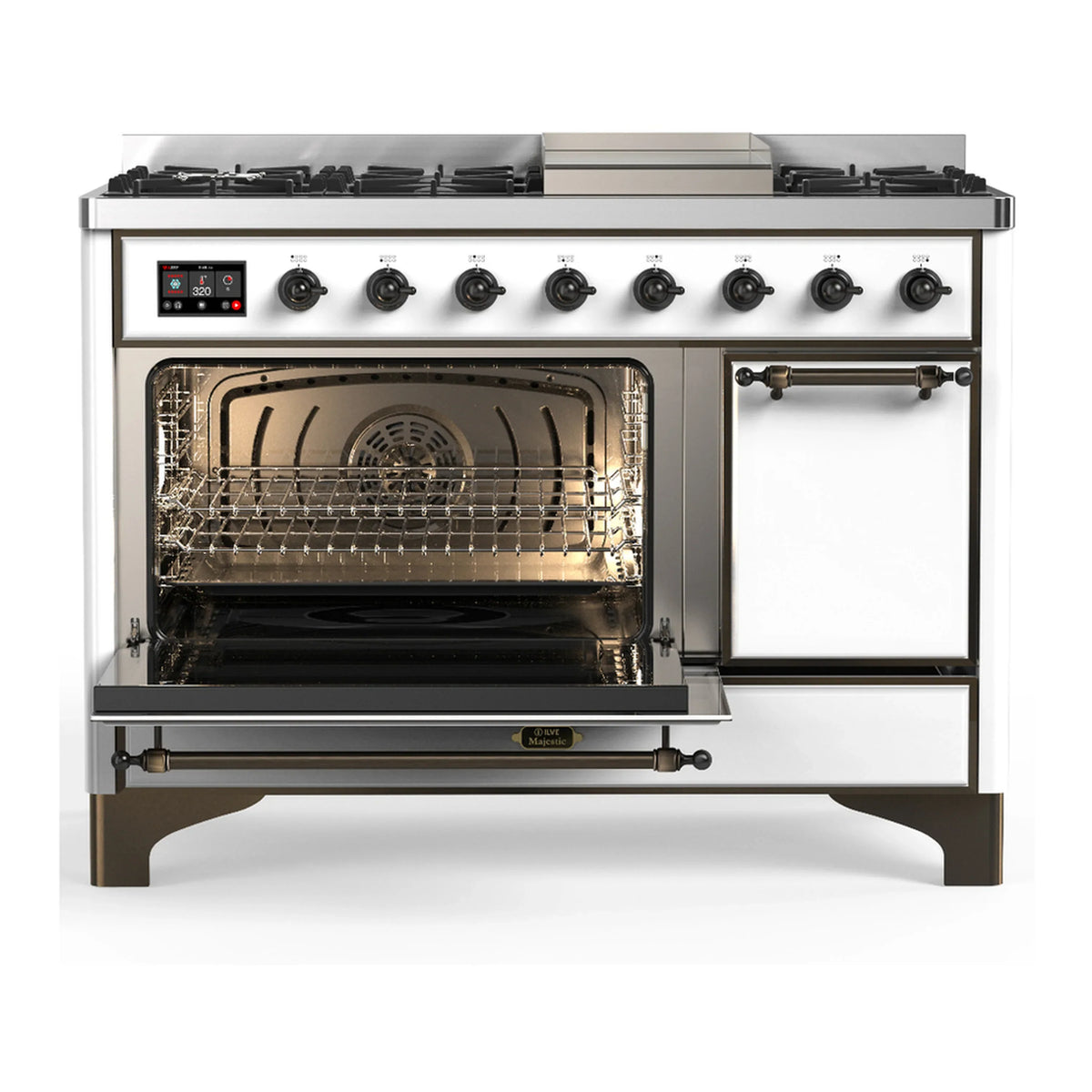 ILVE Majestic III 48-inch Dual Fuel Range with 5 Natural Gas Burner, Griddle and Solid Door Electric Oven in White with Burnished Trim (UM48FQNR3WHB)