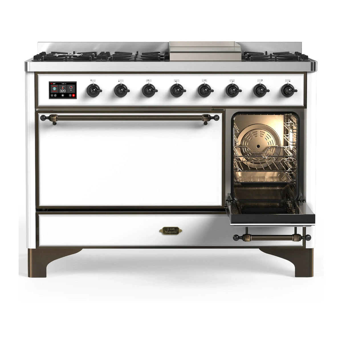 ILVE Majestic III 48-inch Dual Fuel Range with 5 Natural Gas Burner, Griddle and Solid Door Electric Oven in White with Burnished Trim (UM48FQNR3WHB)