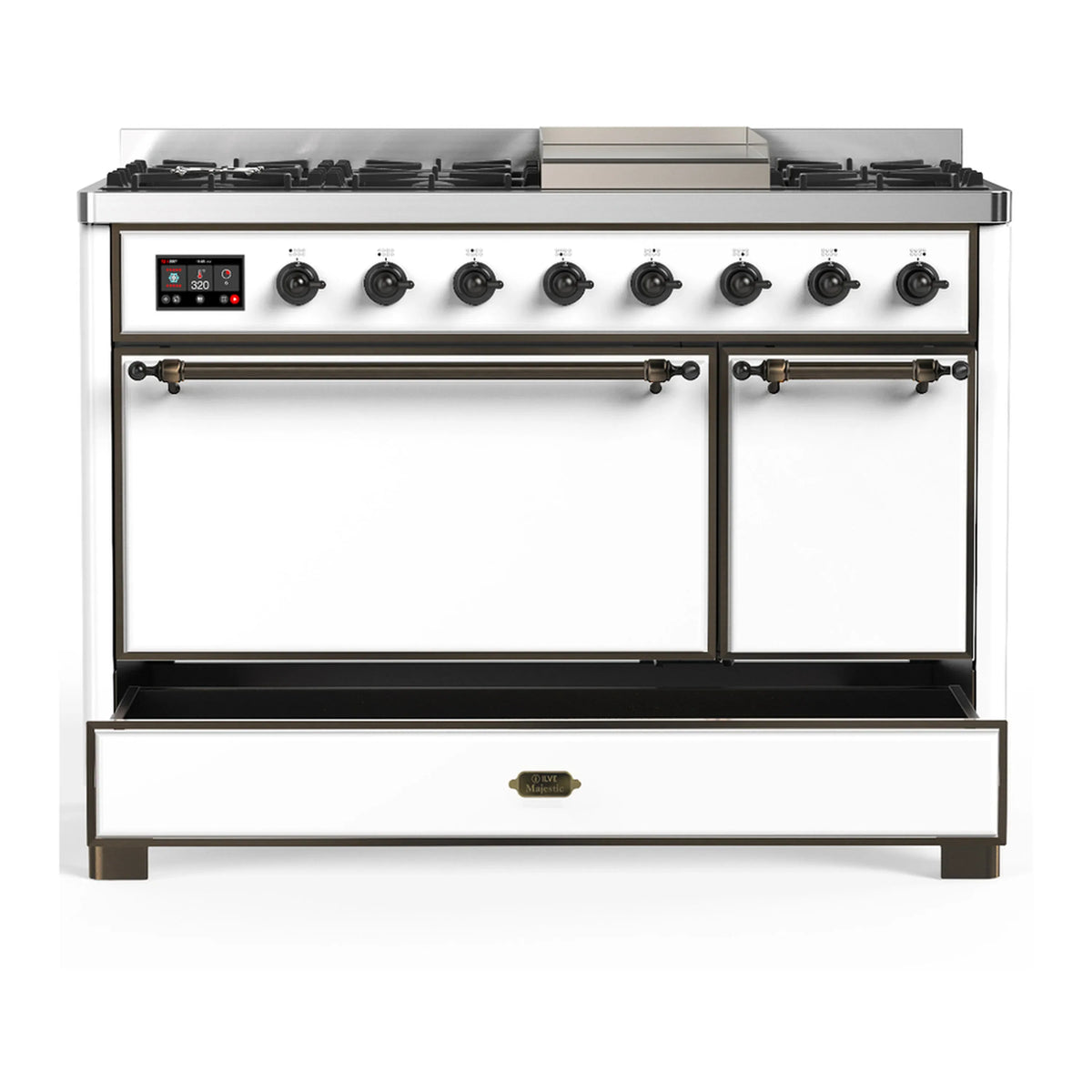 ILVE Majestic III 48-inch Dual Fuel Range with 5 Natural Gas Burner, Griddle and Solid Door Electric Oven in White with Burnished Trim (UM48FQNR3WHB)