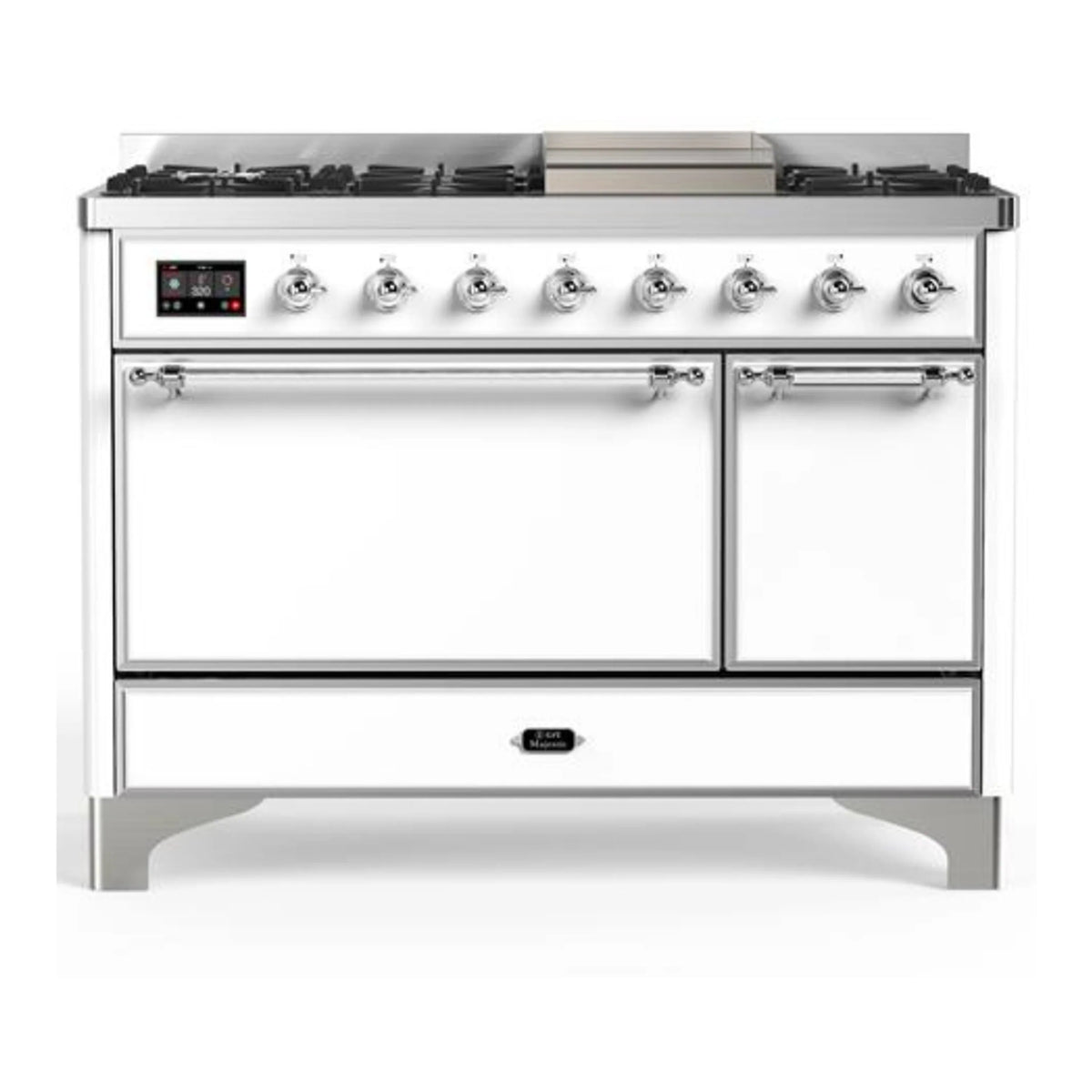 ILVE Majestic III 48-Inch LP Dual Fuel Range, 5 Burners, Griddle, Solid Door Oven, White with Chrome Trim (UM48FQNR3WHCLP)
