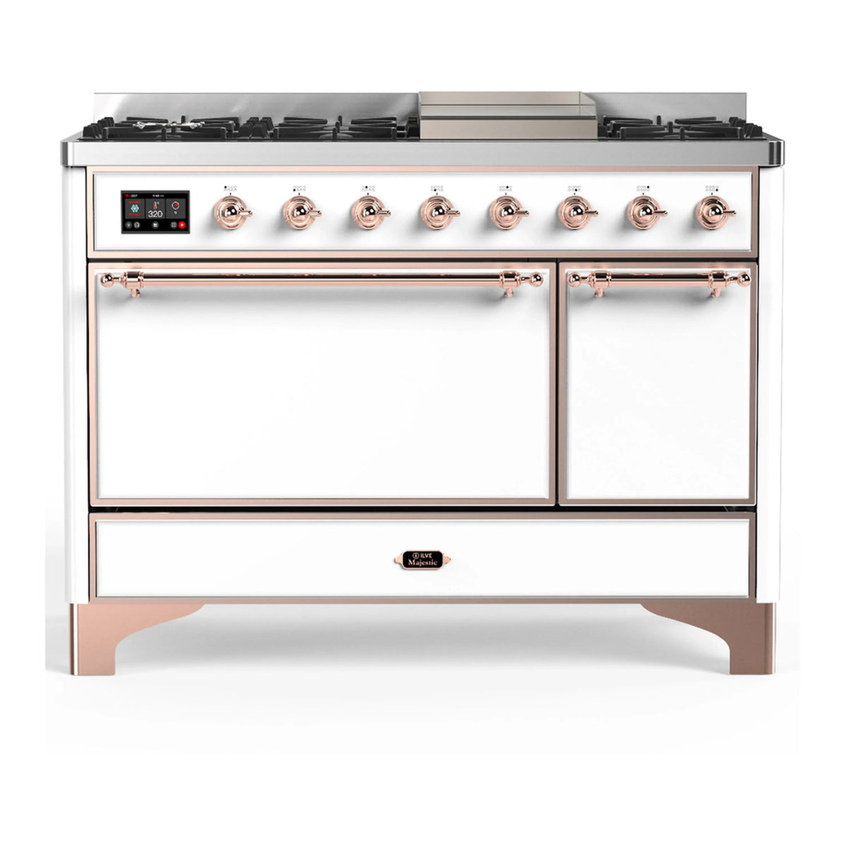 ILVE Majestic III 48-inch Dual Fuel Range with 5 Natural Gas Burner, Griddle and Solid Door Electric Oven in White with Copper Trim (UM48FQNR3WHP)