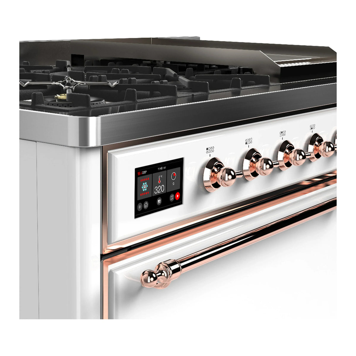 ILVE Majestic III 48-inch Dual Fuel Range with 5 Natural Gas Burner, Griddle and Solid Door Electric Oven in White with Copper Trim (UM48FQNR3WHP)