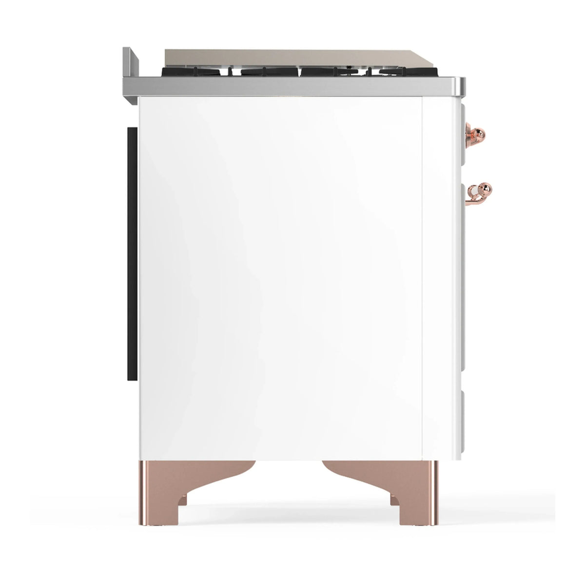 ILVE Majestic III 48-inch Dual Fuel Range with 5 Natural Gas Burner, Griddle and Solid Door Electric Oven in White with Copper Trim (UM48FQNR3WHP)