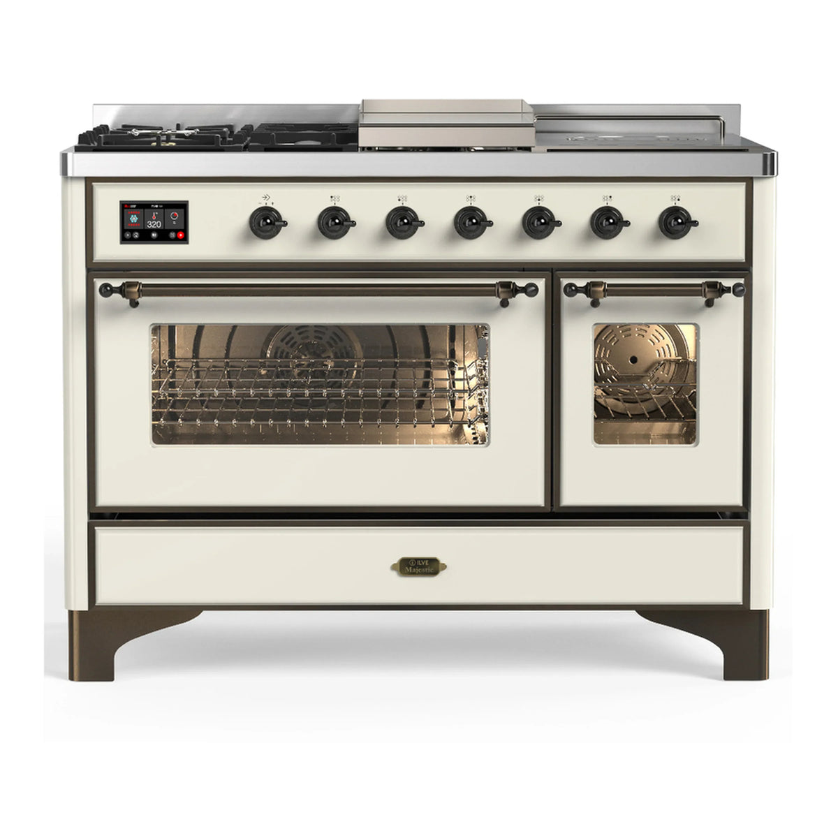 ILVE Majestic III 48-inch Dual Fuel Range with 5 Natural Gas Burner, Griddle, French Top and Triple Glass Door Electric Oven in Antique White with Burnished Trim (UM48FSNR3AWB)
