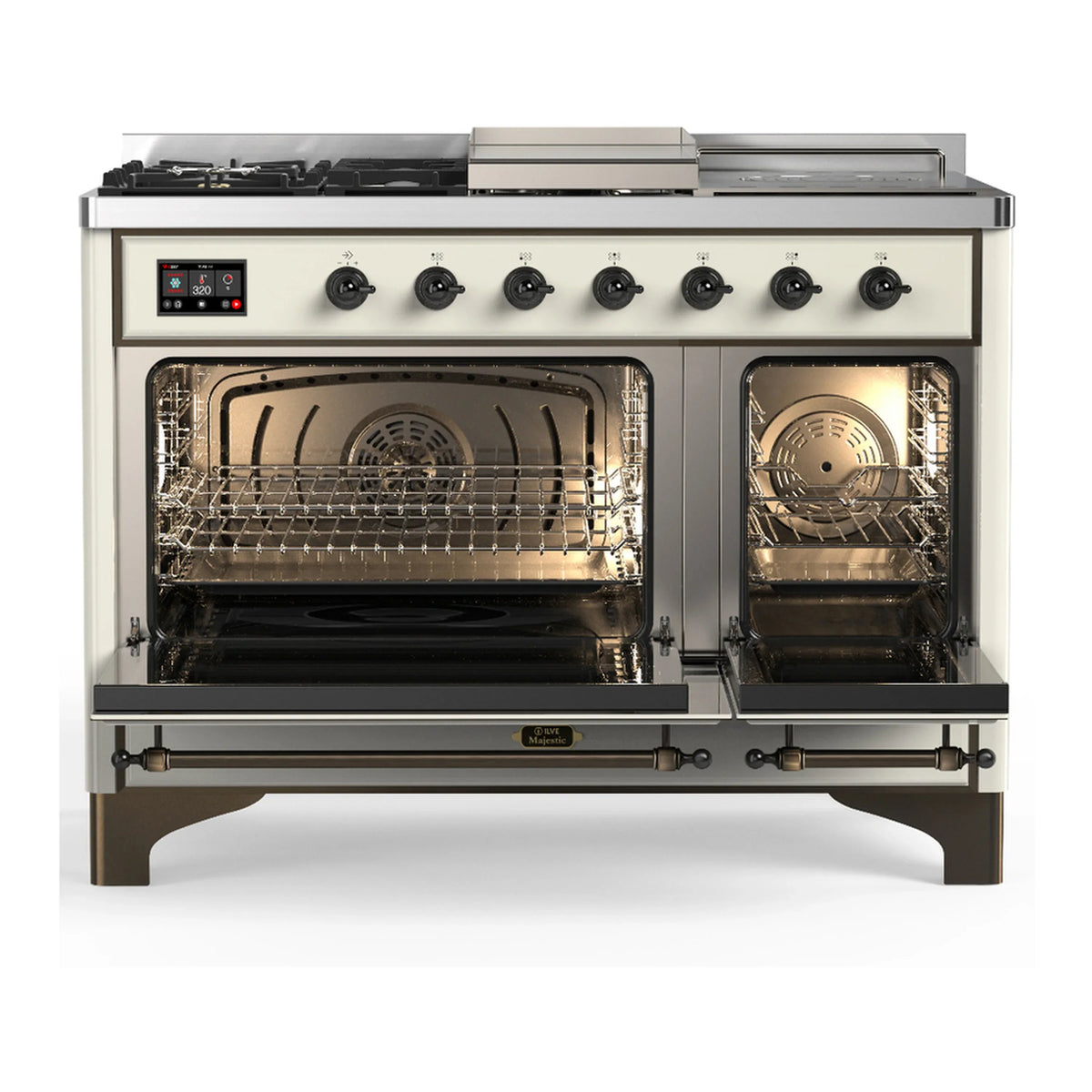 ILVE Majestic III 48-inch Dual Fuel Range with 5 Natural Gas Burner, Griddle, French Top and Triple Glass Door Electric Oven in Antique White with Burnished Trim (UM48FSNR3AWB)