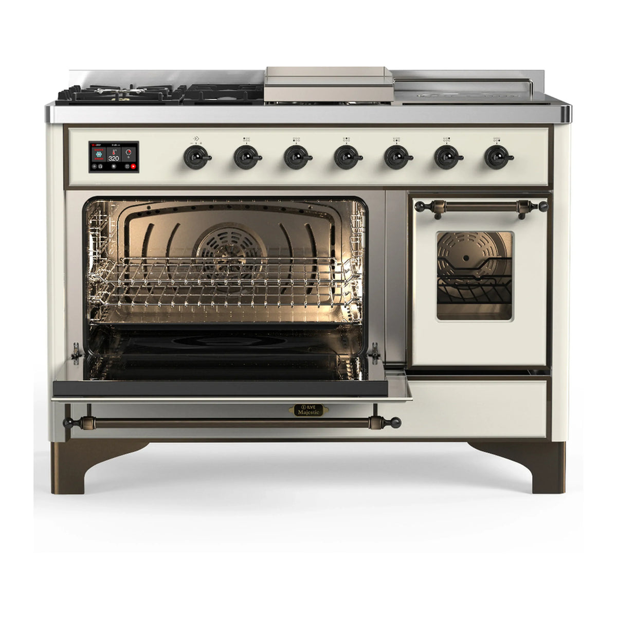 ILVE Majestic III 48-inch Dual Fuel Range with 5 Liquid Propane Burner, Griddle, French Top and Triple Glass Door Electric Oven in Antique White with Burnished Trim (UM48FSNR3AWBLP)