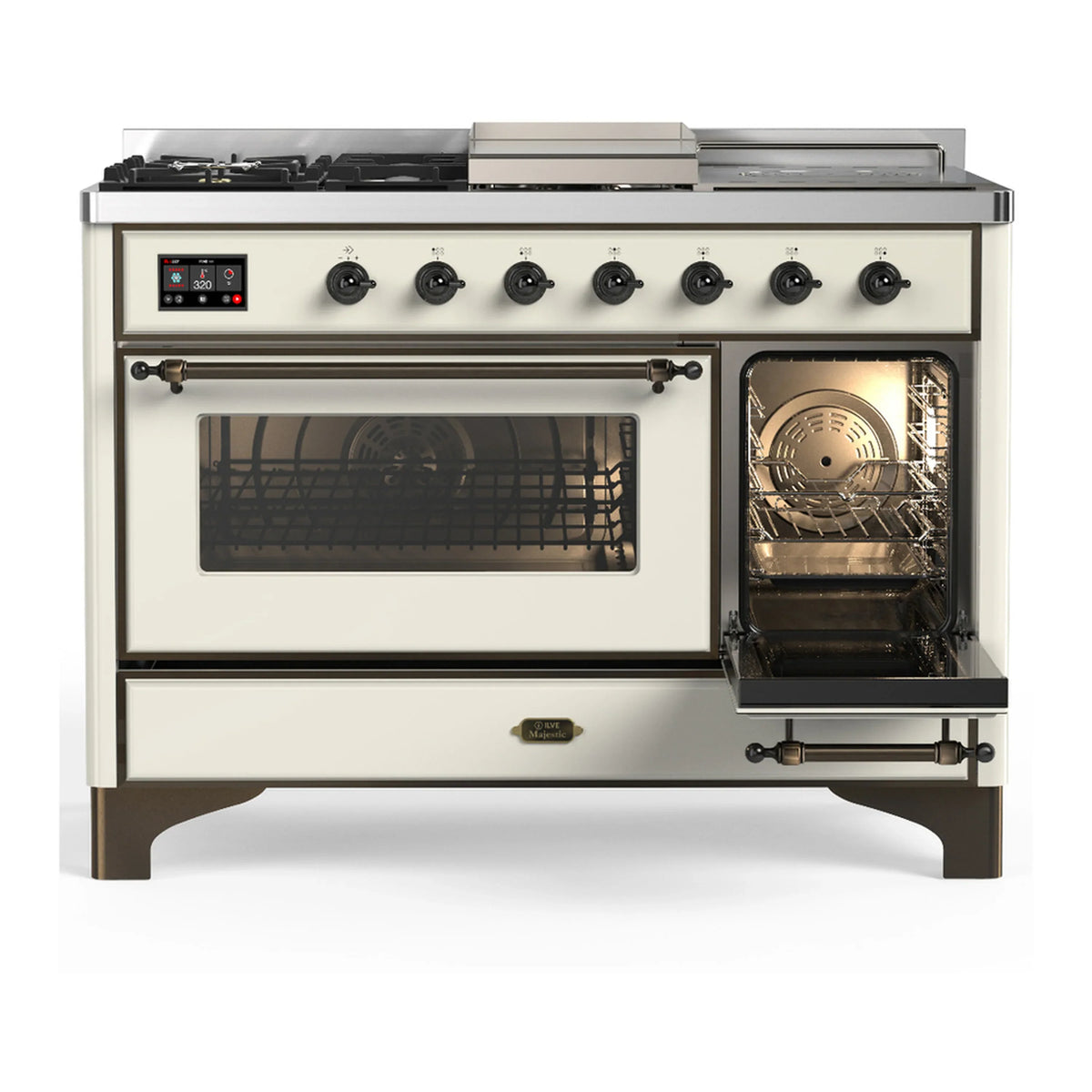 ILVE Majestic III 48-inch Dual Fuel Range with 5 Natural Gas Burner, Griddle, French Top and Triple Glass Door Electric Oven in Antique White with Burnished Trim (UM48FSNR3AWB)