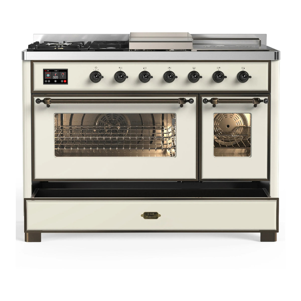 ILVE Majestic III 48-inch Dual Fuel Range with 5 Natural Gas Burner, Griddle, French Top and Triple Glass Door Electric Oven in Antique White with Burnished Trim (UM48FSNR3AWB)