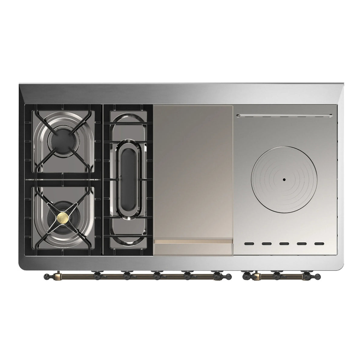ILVE Majestic III 48-inch Dual Fuel Range with 5 Natural Gas Burner, Griddle, French Top and Triple Glass Door Electric Oven in Antique White with Burnished Trim (UM48FSNR3AWB)